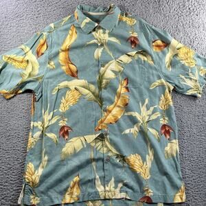 Tommy Bahama Shirt Mens Large Tall LT Blue 100% Silk Hawaiian Button Up Collar